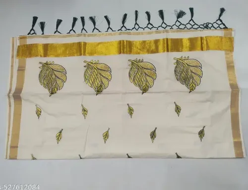 2x3 golden embroidary cotton saree 6.25m with kunjam (D2)- big leaf