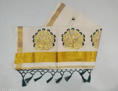 2x3 golden embroidary cotton saree 6.25m with kunjam (D13) - tree