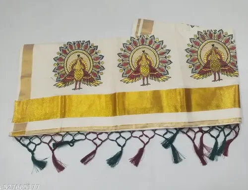 2x3 golden embroidary cotton saree 6.25m with kunjam (D8) - round peacock