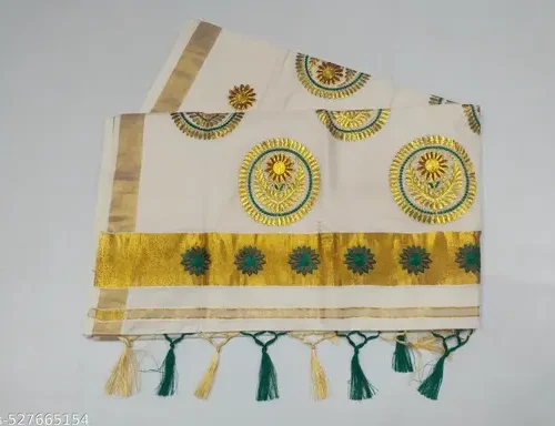 2x3 golden embroidary cotton saree 6.25m with kunjam (D7) - round flower