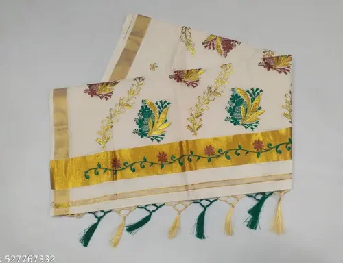 2x3 golden embroidary cotton saree 6.25m with kunjam (D12) - pot with flower