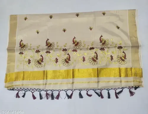 3x3 golden tissue saree 6.25 m with kunjam - embroidary - kodi peacock