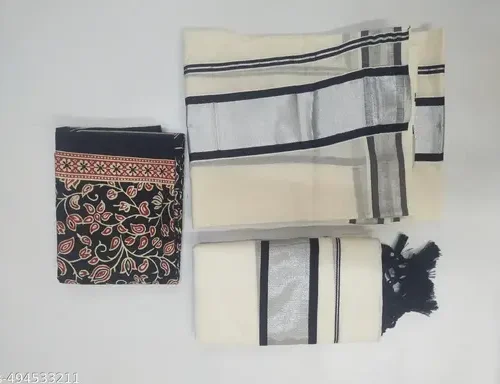 2x3 silver black DSB set mundu 2m - 2.80 m with kunjam - with ajrak printed 1 m blouse