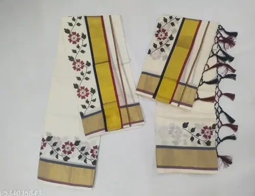 3x3 gold with double colour (raja rani - printed ) set mundu 2/2.80 with kunjam - black / marun - flower design