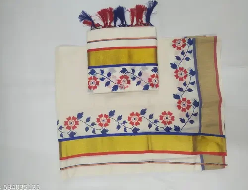3x3 gold with double colour (raja rani - printed ) set mundu 2/2.80 with kunjam - royal bue / red