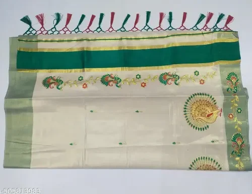 5 " tissue peacock design heavy embroidary saree with kunjalam