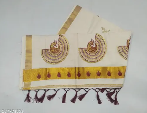 2x3 golden embroidary cotton saree 6.25m with kunjam (D17) - half peacock