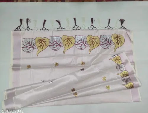 Rose copper tissue saree 6.25 with gold & silver leaf embroidary with kunjam