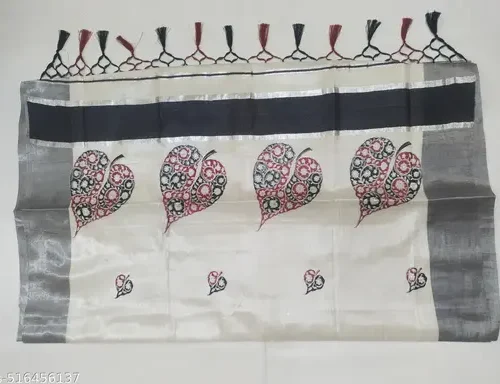 5 " silver back tissue saree 6.25 m with kunjam - embroidary - big leaf