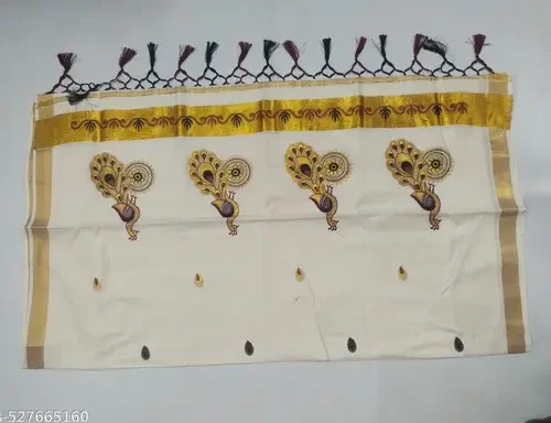 2x3 golden embroidary cotton saree 6.25m with kunjam (D4) - single peacock