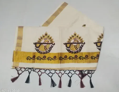 2x3 golden embroidary cotton saree 6.25m with kunjam (D3) - veenai peacock