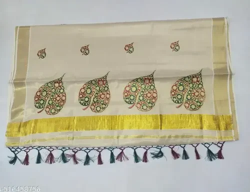 3x3 golden tissue saree 6.25 m with kunjam - embroidary -big leaf