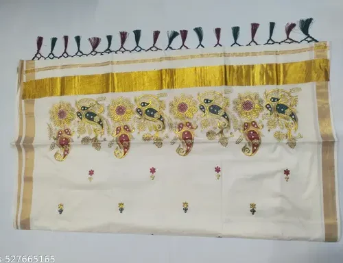 2x3 golden embroidary cotton saree 6.25m with kunjam (D6) - mango kodi