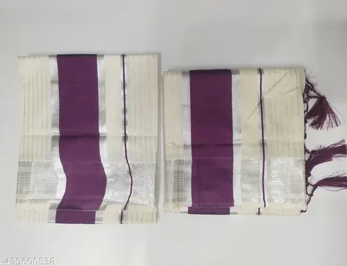 3x4 silver vertical lines cotton set mundu 2m , 2.80 m with kunjam