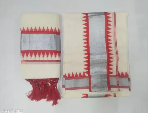 2x3 silver DSB set mundu 2m - 2.80 m with kunjam -temple design (mokku) printed