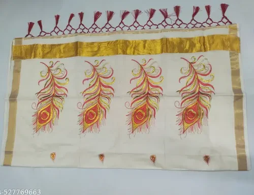 2x3 golden embroidary cotton saree 6.25m with kunjam (D14) - peacock feather