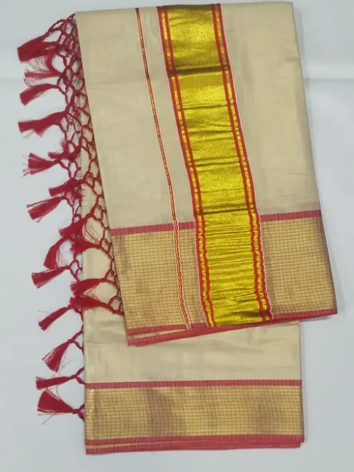 1/4 cm checked border golden tissue saree +c 6.25 m with kunjam - Red