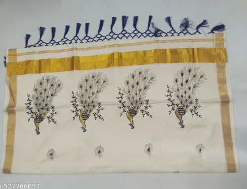2x3 golden embroidary cotton saree 6.25m with kunjam (D11) - big peacock
