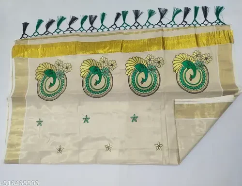 3x3 golden tissue saree 6.25 m with kunjam - embroidary - round peacock