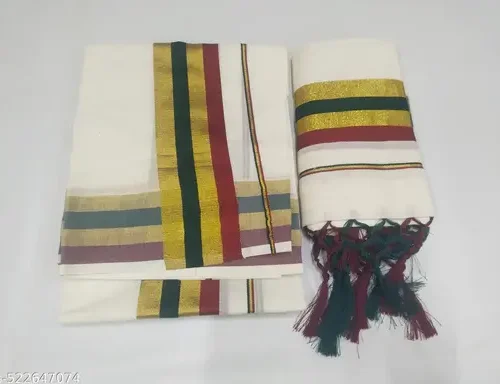3x3 golden double colour set mundu 2/2.80 with kunjam (4-lines)